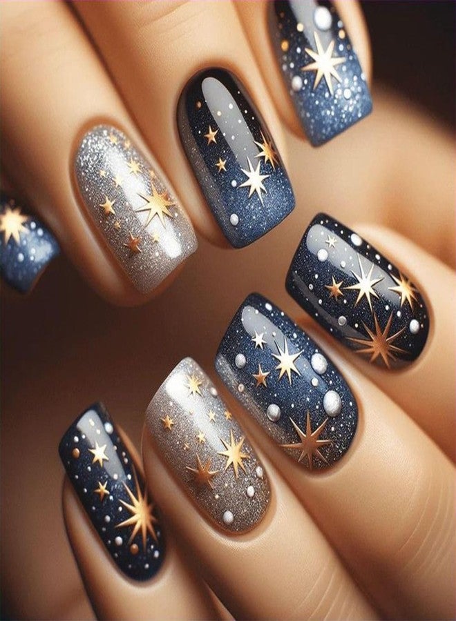 Vopintpy Starry Sky Press on Nails Short Square Fake Nails Gold Star Design Acrylic Nails Glossy Astral Glue on Nails for Women DIY Manicure - Image 1